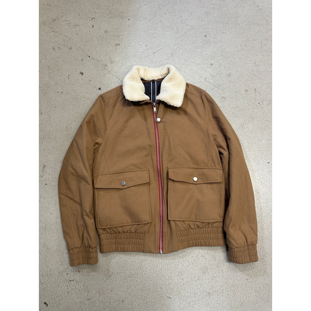 Zara Man Camel Brown Bomber Jacket Faux Shearling Collar Aviator Mens Medium
